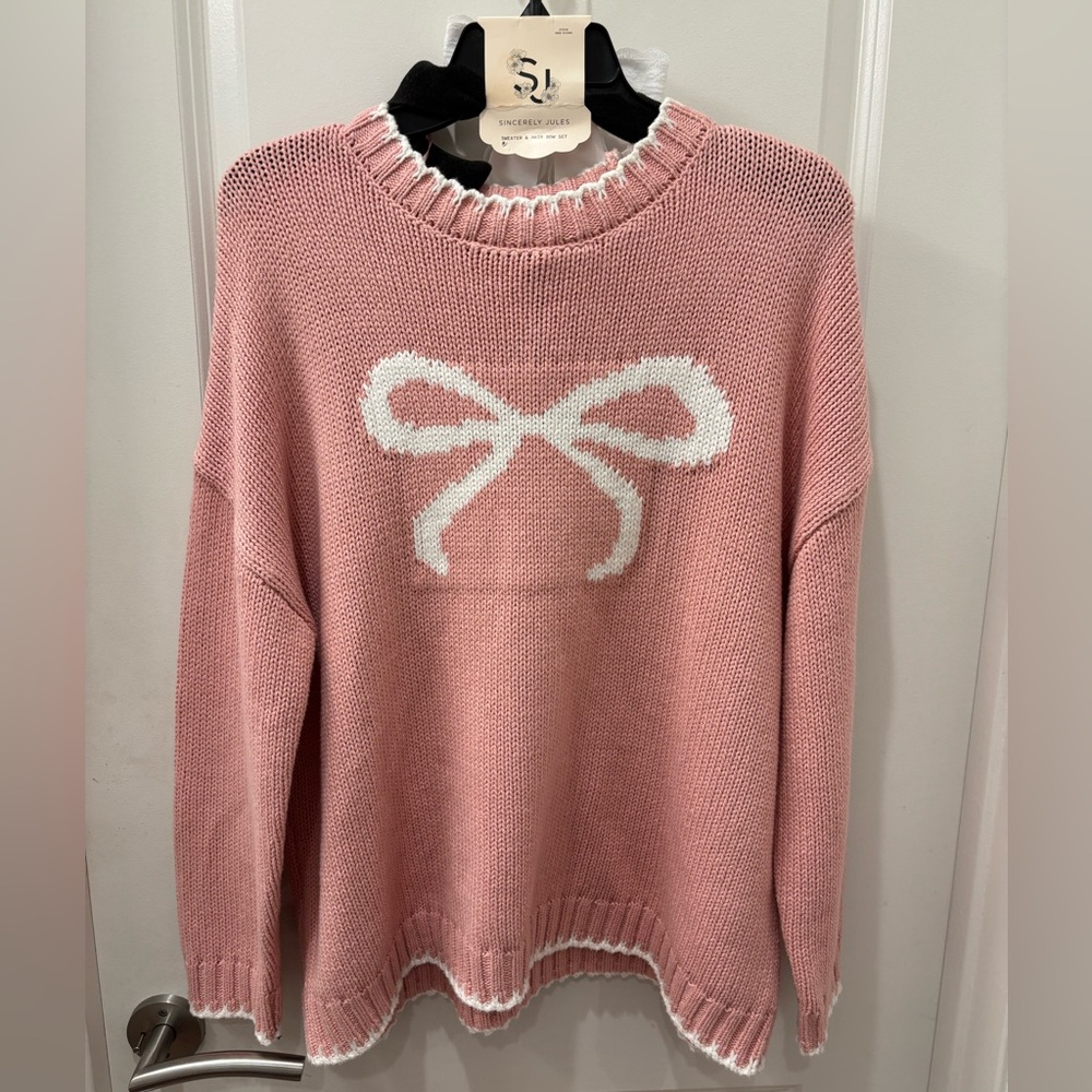 NWT Sincerely Jules Pink Bow Sweater with white bow clip set - M